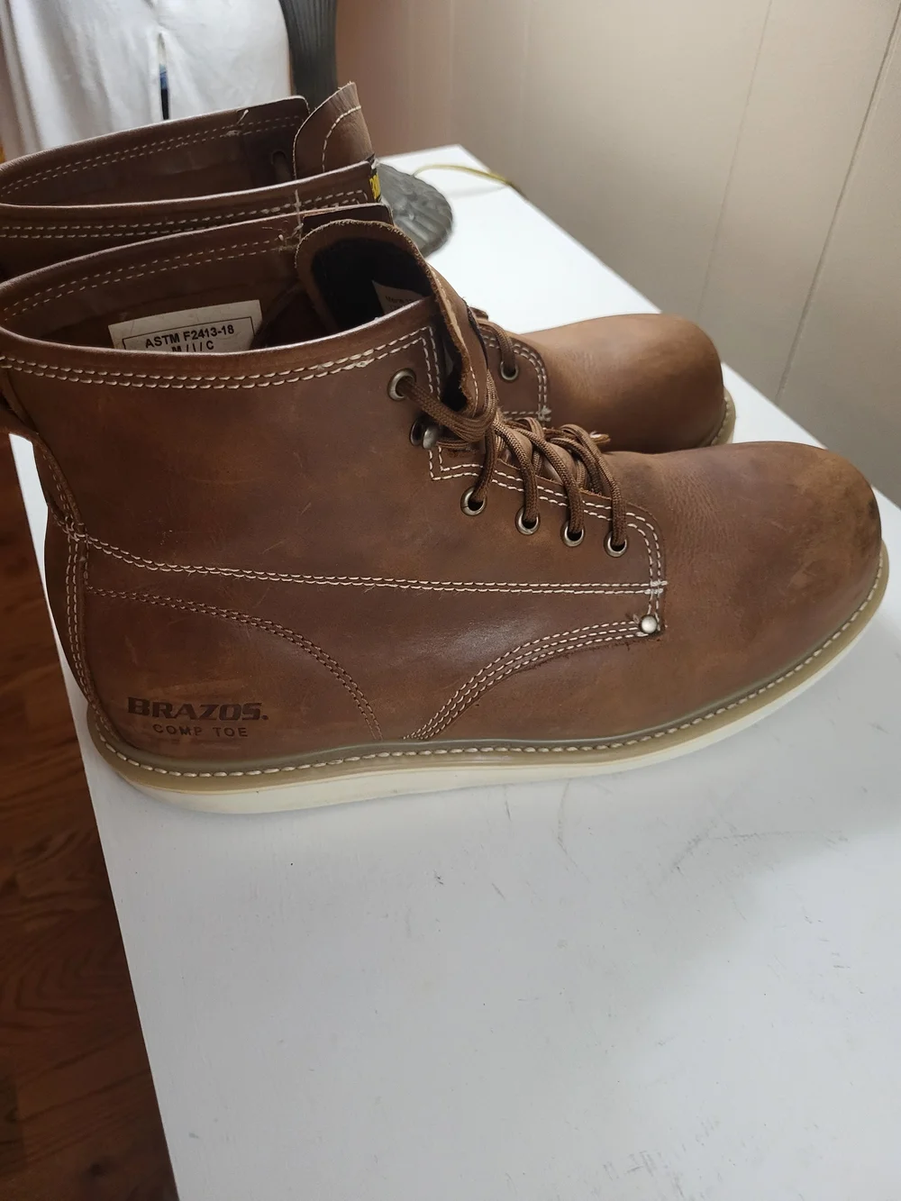 Brazos Men's Tan Leather Work Boots - Lace-Up Construction, Size 12
